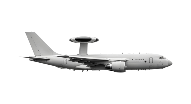 White Airplane Military Side View AWACS Airborne Radar Aircraft Designed for Aerial Reconnaissance and Tactical Monitoring Missions Isolated on a Transparent Background