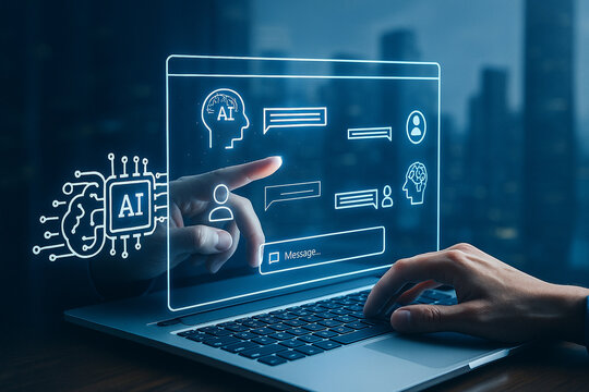 AI generated digital image showing a person using a laptop with a glowing transparent AI interface representing intelligent technology connection and futuristic communication