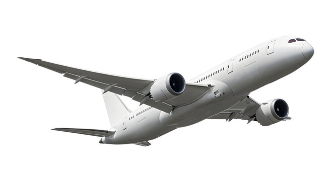 Low Angle Underside View of White Airplane Boeing 787 Dreamliner Aircraft in Mid-Flight Displaying Engines and Aerodynamic Features Isolated on a Transparent Background