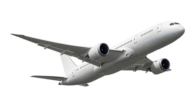 Low Angle Underside View of White Airplane Boeing 787 Dreamliner Aircraft in Mid-Flight Displaying Engines and Aerodynamic Features Isolated on a Transparent Background