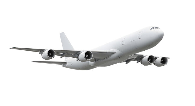 Low Rear Perspective View of White Airplane Cargo Airplane Jet Climbing in Flight with Four Engines Designed for Heavy Airfreight and Commercial Logistics Isolated on a Transparent Background