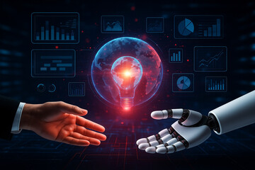 AI generated futuristic image showing a symbolic interaction between a human hand and a robotic hand reaching toward each other over glowing digital globe surrounded by data charts interface overlays