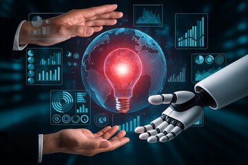 AI generated futuristic image showing a symbolic interaction between a human hand and a robotic hand reaching toward each other over glowing digital globe surrounded by data charts interface overlays