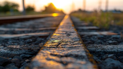 Railroad Tracks Leading Toward Golden Sunrise Horizon