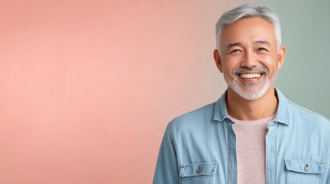 Cheerful Middle Aged Asian Man Portrait - A happy, healthy middle-aged Asian man smiles warmly. The conveys positivity, confidence, well-being, maturity, and serenity