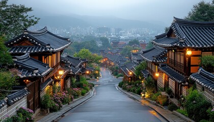 Korean Bukchon Hanok Village street with traditional architecture in twilight. Perfect for travel blogs, cultural themes, or historical documentaries.