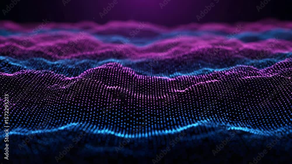 Poster waves of digital particles in vibrant purple and blue create a dynamic and futuristic abstract backg