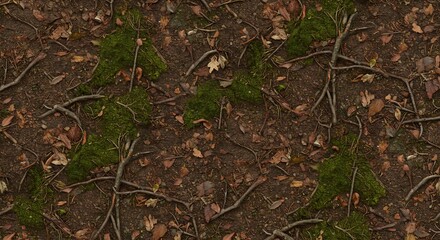 Overhead view of a forest floor with brown dirt green moss patches tangled roots and scattered dry leaves