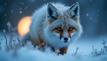 Obraz premium This breathtaking image features a red fox standing gracefully on a snowy bathed in the soft golden glow of the setting (or rising) sun