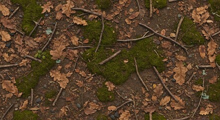 Overhead view of a forest floor with brown fallen leaves green moss and scattered twigs on dark earth