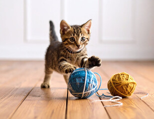 Focused kitten observing yarn balls closely