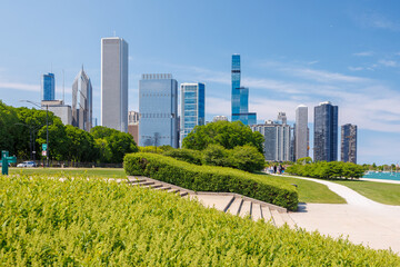 Obraz premium Sunny view of downtown Chicago with iconic skyscrapers rising above a lush green park meadow