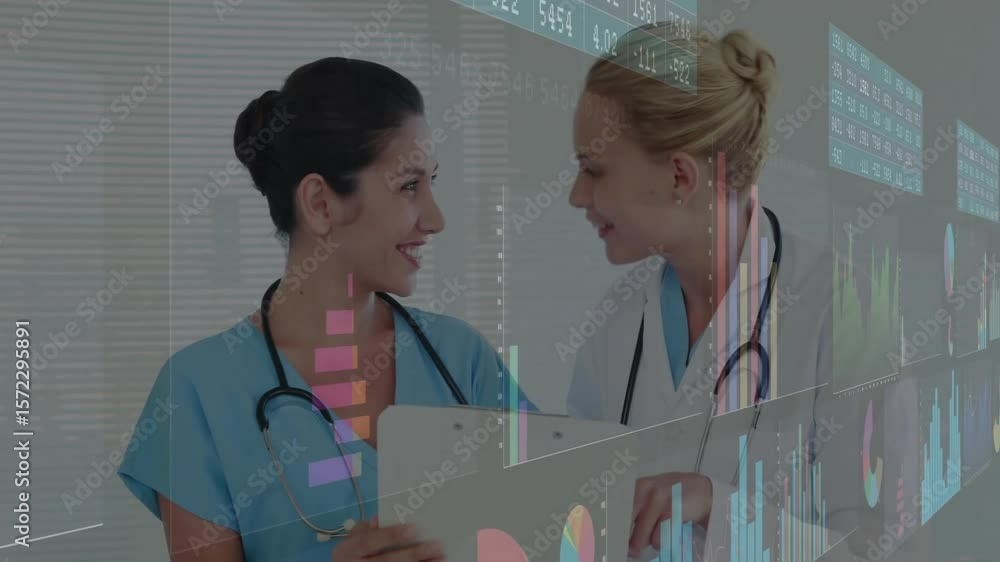 Poster two doctors using tablet controlling floating charts and analyzing patient data for diagnosis