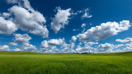 Lush Green Field Under a Vibrant Blue Sky Filled with Fluffy Clouds