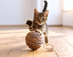 Cute kitten pawing at brown yarn ball on hardwood
