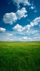 Fototapeta premium Lush Green Field Under a Vibrant Blue Sky with White Cumulus Clouds