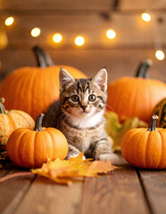 Adorable kitten with pumpkins and autumn leaves