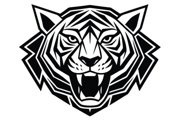 Fierce white tiger roars with sharp teeth inside a geometric orange frame aggressively