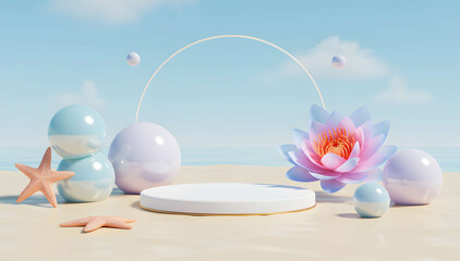 Lotus flower and pearl objects on natural setting 3D product display podium