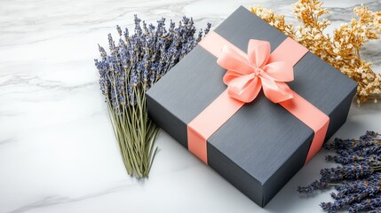 Elegant Gift Box with Lavender - A dark gray gift box tied with a light pink ribbon, surrounded by lavender and dried flowers, rests on a marble surface