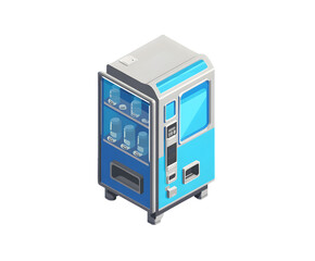 Obraz premium Eye-catching blue and white vending machine offers refreshing drinks, perfect for illustrating convenience and technology, isometric style, transparent background