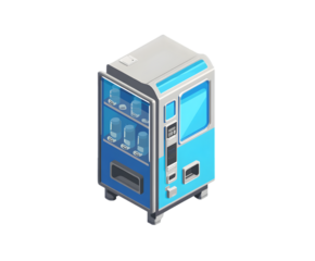 Eye-catching blue and white vending machine offers refreshing drinks, perfect for illustrating convenience and technology, isometric style, transparent background