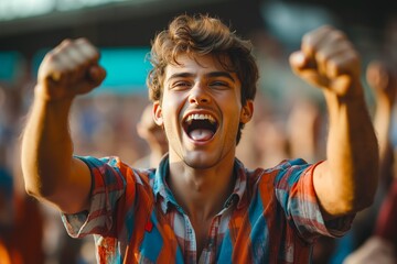 A young man with his arms in the air in front of a crowd