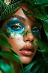 A woman with green and blue makeup and green leaves