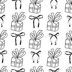Coquette party crayon seamless pattern. Monochrome gifts endless background. Girly festive black and white repeat cover. Surface pattern birthday or wedding motif. Vector hand drawn illustration.