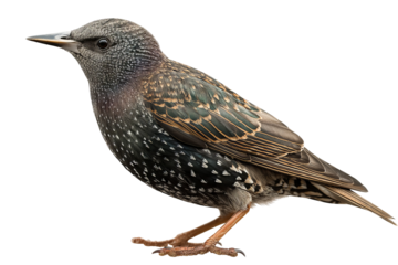 Glossy-feathered starling bird isolated on transparent background - high resolution PNG for seamless cutout use