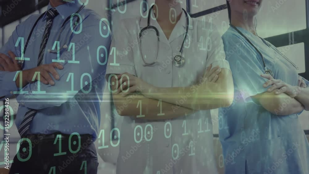 Poster on start binary code streams drifting over static medical team, showing digital health analytics