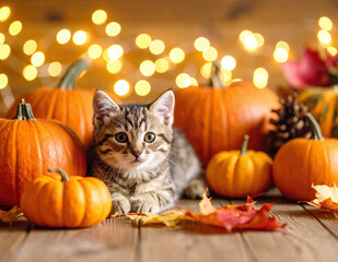 Kitten sitting in cozy autumn-themed Halloween scene
