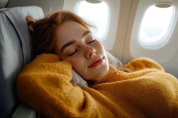 A woman sleeping on an airplane with her eyes closed