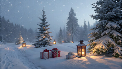 Enchanting Winter Scene: A serene winter landscape unfolds, showcasing snow-laden pine trees and softly falling snowflakes, with elegantly wrapped gifts adding a touch of festive charm.