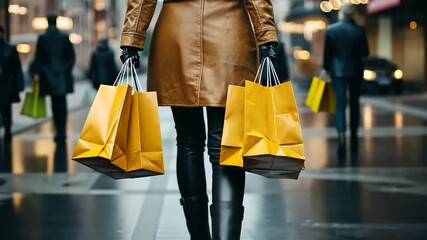 Person carrying shopping bags on a city street - Powered by Adobe
