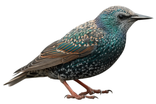 Glossy-feathered starling bird isolated on transparent background - high resolution PNG for seamless cutout use