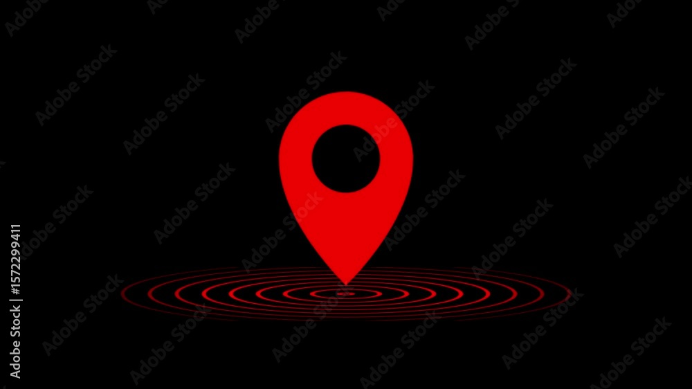 Poster animated red map pin locator symbol with concentric circle effect on black background