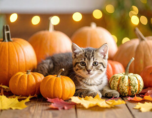 Kitten laying with small pumpkins in festive fall ambiance