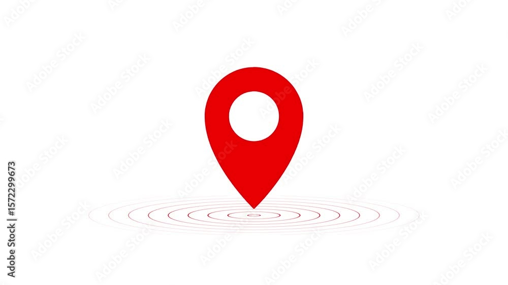Poster animated red location pin graphic with ripples illustrating a map marker concept