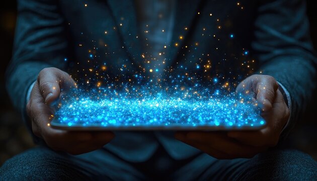 Man holds a tablet with blue, golden sparkles emanating into the dark. Ideal for technology, innovation, futuristic concepts, and digital magic.