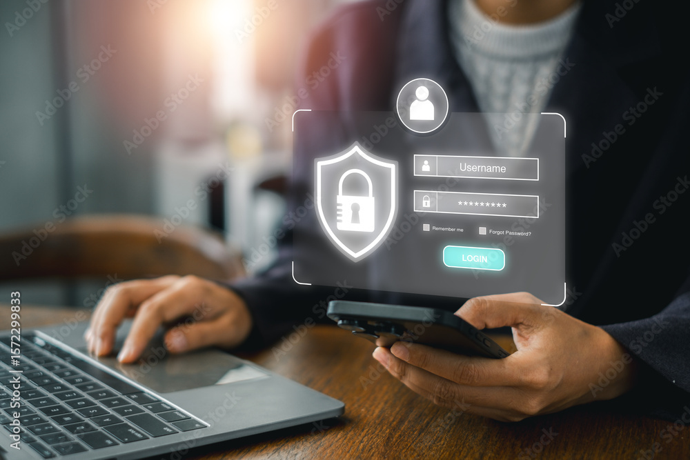 Poster a person accessing a secure login interface on a laptop and smartphone, highlighting online security