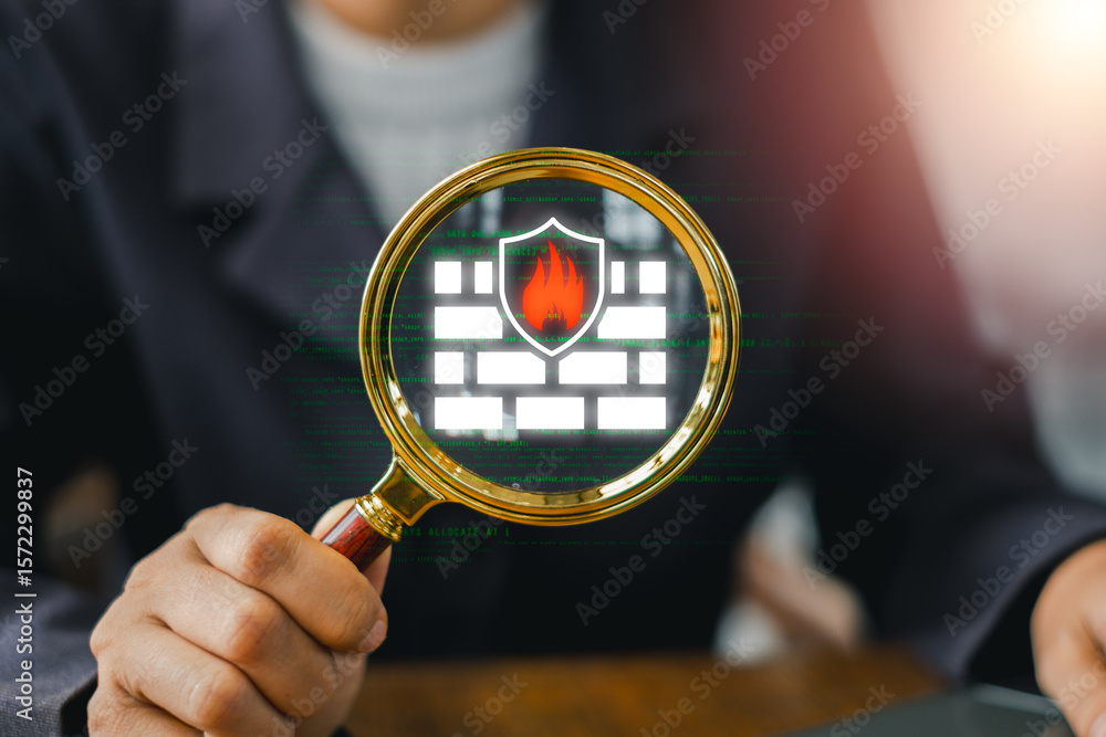 Poster digital representation of a firewall with a shield and magnifying glass, symbolizing cybersecurity a