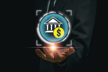 A businessman presents a digital icon symbolizing financial bonds, highlighting investment opportunities in a modern market.