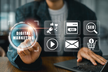 Businesswoman interacting with digital marketing icons, highlighting online advertising, SEO, and...
