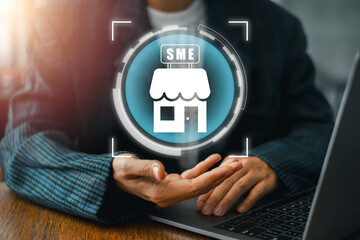 Visual depiction of SME concept with a business icon, highlighting technology and innovation in...