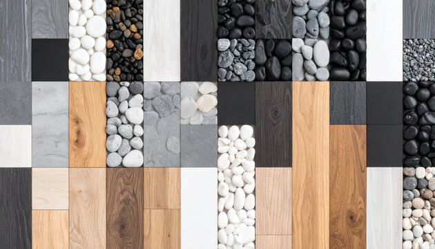Top view of interior luxury sample materials including black and gery marble stones wooden vinyl flooring tiles grainy quartz ceramic tiles isolated on background
