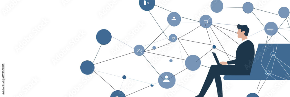 Aufkleber businessman using laptop with connected digital communication icons network concept flat vector illu