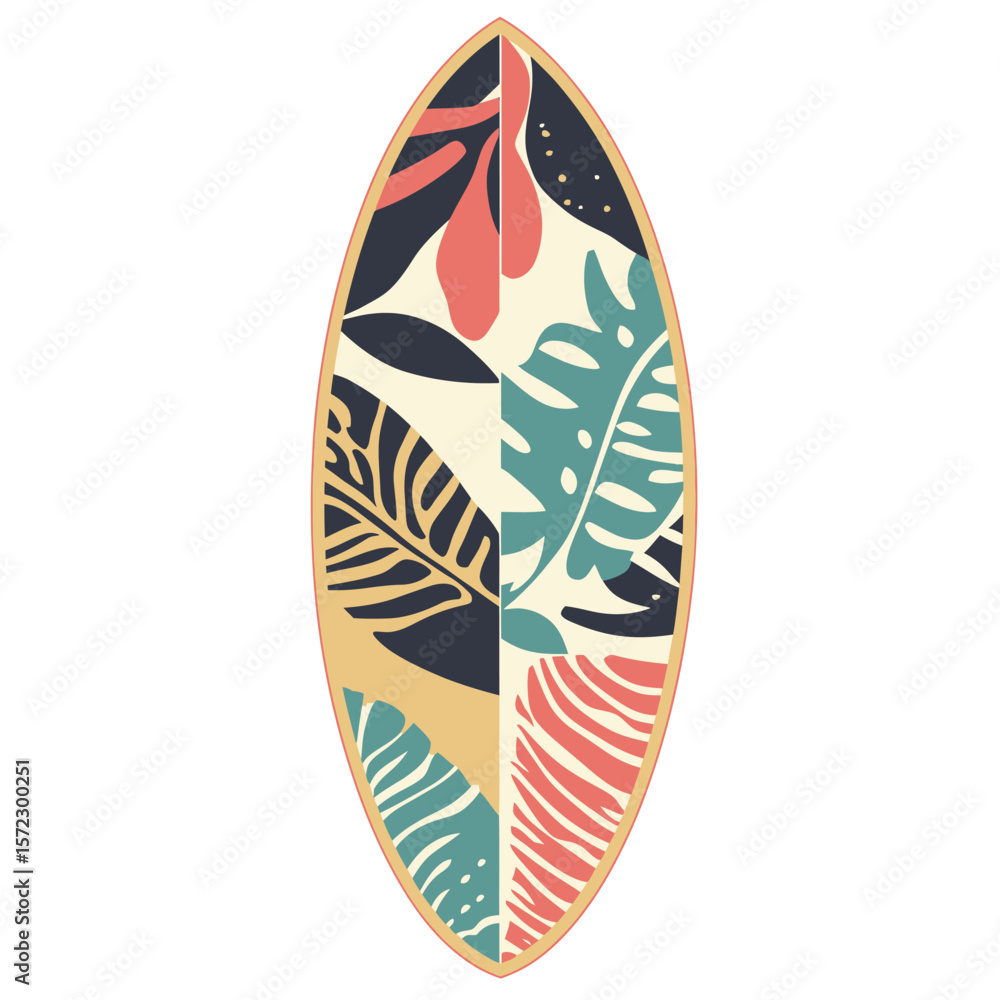 Poster minimalist flat vector surfboard with colorful tropical leaf patterns and abstract shapes for beach 