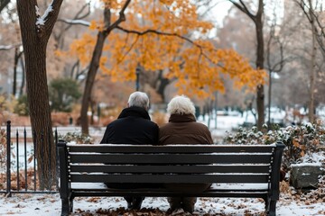 A couple sitting on a bench in a park in the snow
