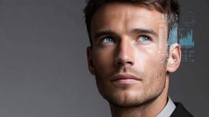 Futuristic businessman analyzing digital data interface